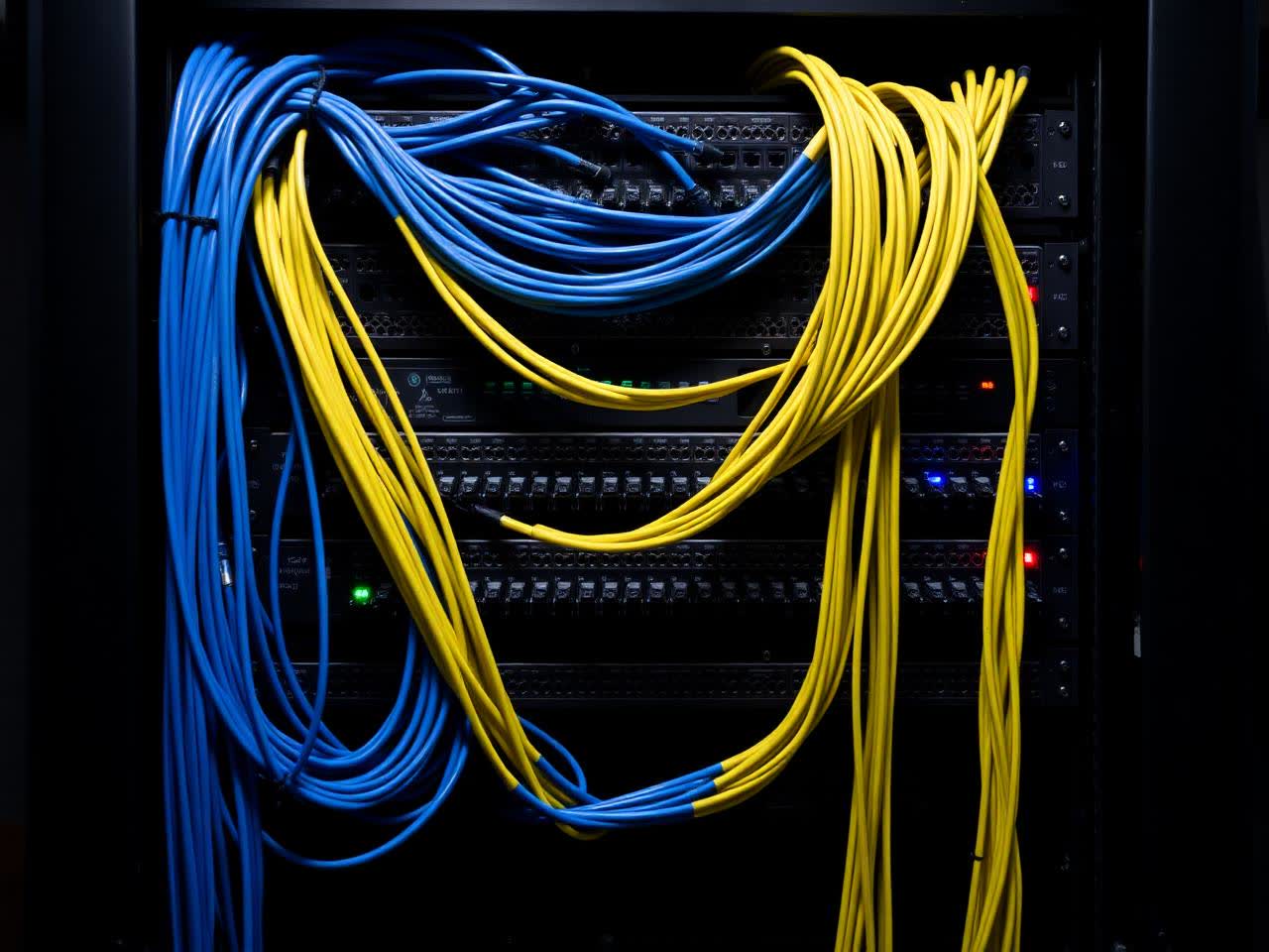 Rack de rede com cabeamento estruturado e patch panel